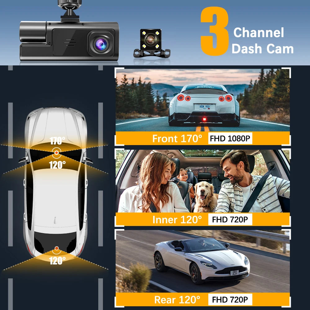 3 Lens WiFi Dash Cam – Front, Inside & Rear 1080P Car Camera with Night Vision
