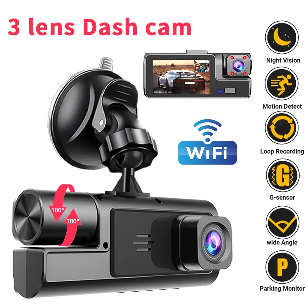 3 Lens WiFi Dash Cam – Front, Inside & Rear 1080P Car Camera with Night Vision