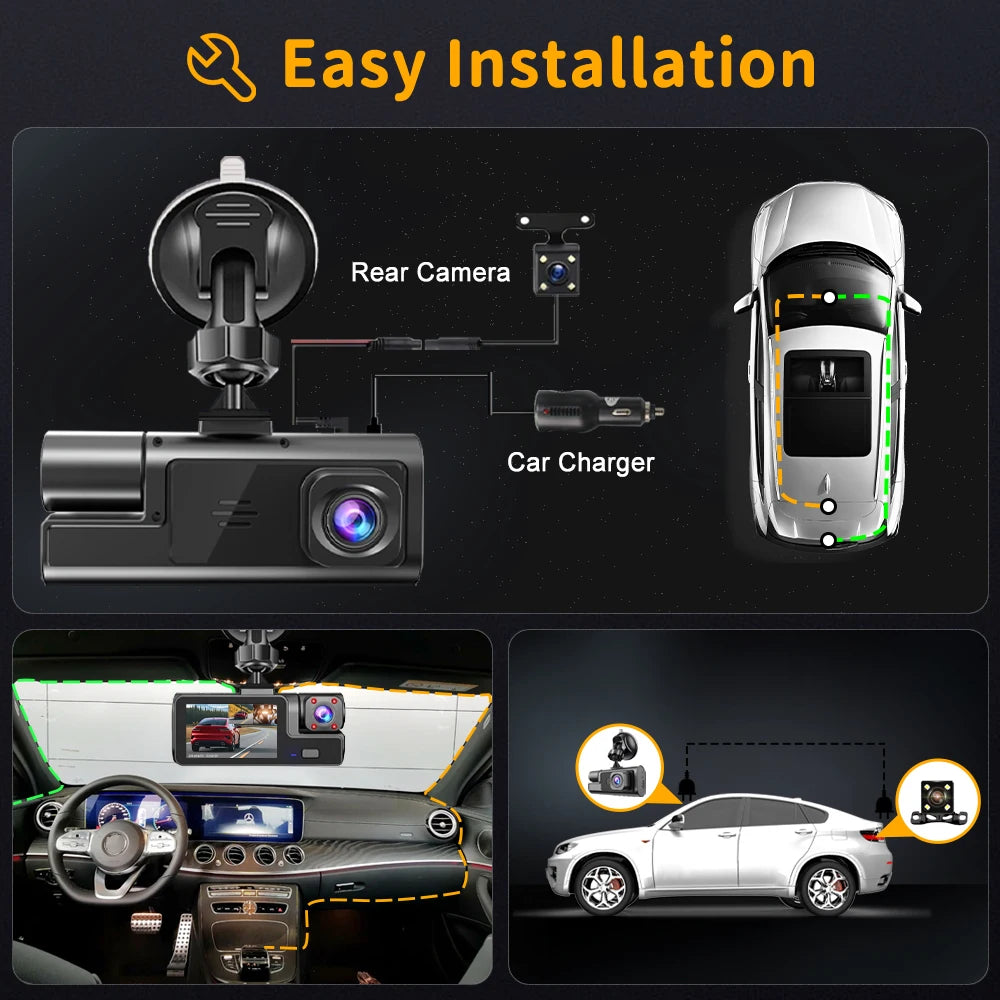 3 Lens WiFi Dash Cam – Front, Inside & Rear 1080P Car Camera with Night Vision